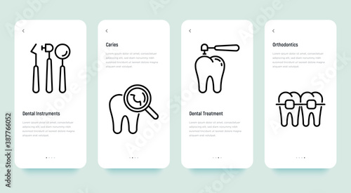 Dentist mobile user interface with thin line icons: dental instruments, caries under magnifier, orthodontics. Vector illustration, template with copy space.