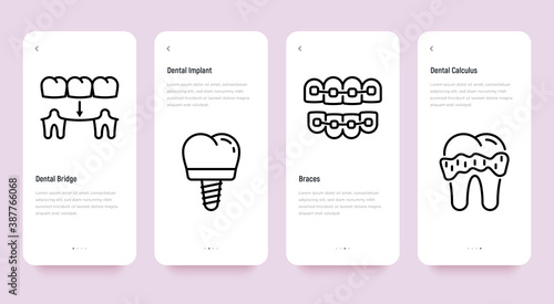 Dentist mobile user interface with thin line icons: tooth bridge, implant, braces, calculus. Vector illustration, template with copy space.