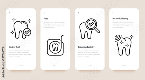 Dentist mobile user interface with thin line icons: healthy tooth, dental floss, preventive dentistry, ultrasonic cleaning. Vector illustration, template with copy space.