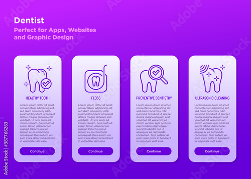 Dentist mobile user interface with thin line icons: healthy tooth, dental floss, preventive dentistry, ultrasonic cleaning. Vector illustration, template with copy space.