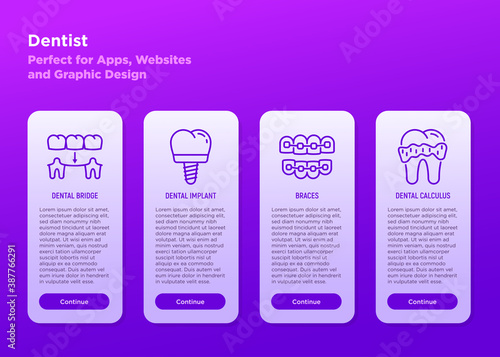 Dentist mobile user interface with thin line icons: tooth bridge, implant, braces, calculus. Vector illustration, template with copy space.