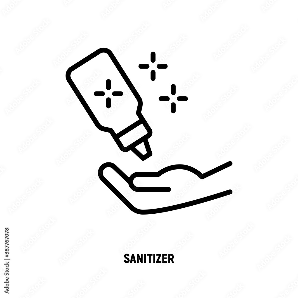 Sanitizer thin line icon. Using for hands disinfection. Prevention covid-19 spreading. Bottle above hand. Vector illustration. Sanitizer thin line icon. Using for hands disinfection. Prevention covid-19 spreading. Bottle above hand. Vector illustration.
