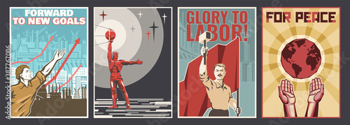 Old Industrial, Labor, Peace Propaganda Posters Style Illustration Set. Builder, Spaceman, Worker