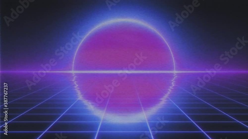 Wallpaper Mural Pink sun above horizon. Digital wireframe grid. Retro wave style dynamic background. Reflections on water. VHS noise effect. Neon colors. Seamless loop. Retro, vintage 80s, 90s style 4K animation Torontodigital.ca