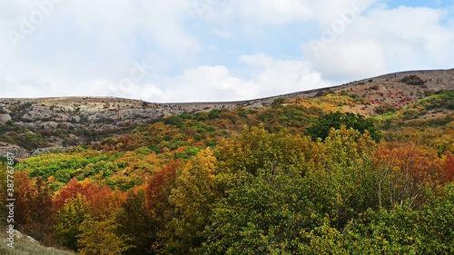 Mountain landscape in the south, mountains are covered with shrubs, trees, the land has different shades, the sky is clear blue
