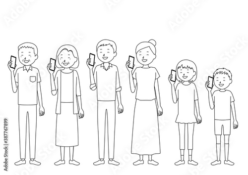 Illustration set of a person smiling while talking on a smartphone (three generation family)