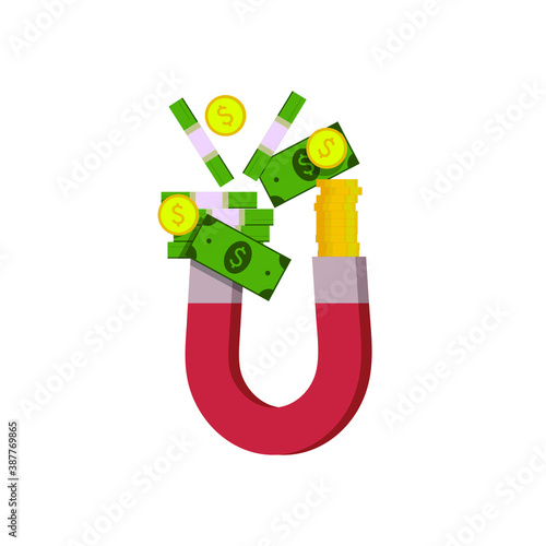 Money stuck to the magnet. Dollars, bills and coins became magnetised. Vector illustration, flat cartoon color minimal design isolated on white background, eps 10.