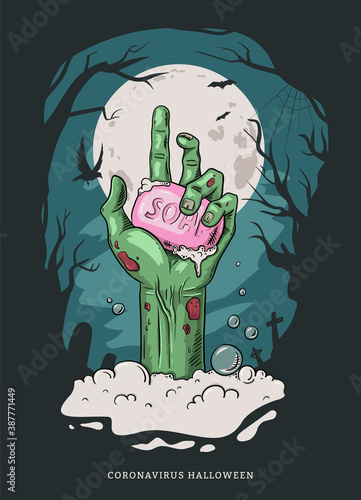 Zombie hand with soap sticking out of foam with graveyard in the background. Halloween during coronavirus pandemic. - Vector