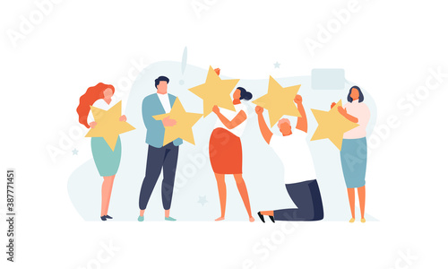 Satisfied customer people with stars rating. Feedback and feedback vector illustration