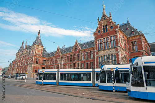 Trams waiting at Central Station in Amsterdam the Netherlands