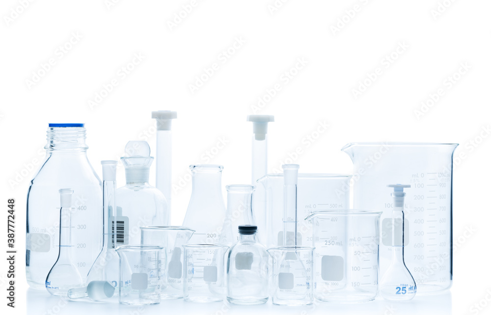 Realistic Glass Laboratory Equipment Set. Flasks and measuring beaker for science experiment in laboratory Realistic Glass Laboratory Equipment Set. Flasks and measuring beaker for science experiment in laboratory