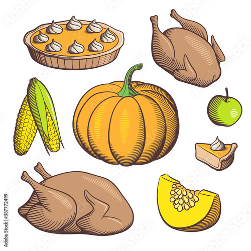 Set of food for Thanksgiving Day. Pumpkins, pie, roast turkey, corn and apple. Retro style colored vector illustration