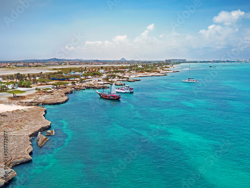 Aerial from Aruba island with Palm Beach in the Caribbean Sea