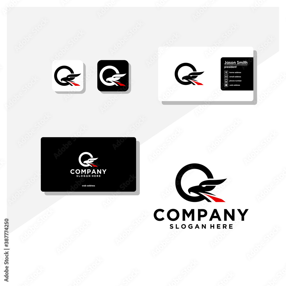 letter q eagle head logo and business card vector