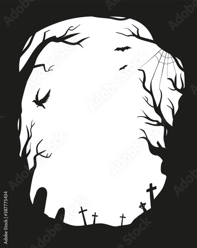 Cemetery scary silhouettes illustration. Graveyard black frame design with flying bats and crow for Halloween. - Vector illustration