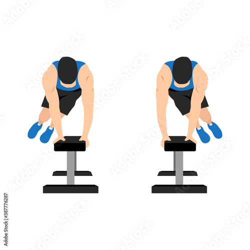 Bench hops. Box jumps. Bench jump over. Sport exersice. Silhouettes of man doing exercise. Workout, training Vector illustration