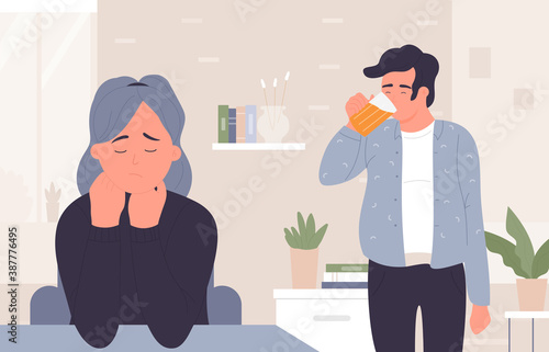 Man in beer addiction vector illustration. Cartoon addict male character drinking beer alcohol, standing at home room interior, sad woman wife stressed by husband domestic alcoholism background