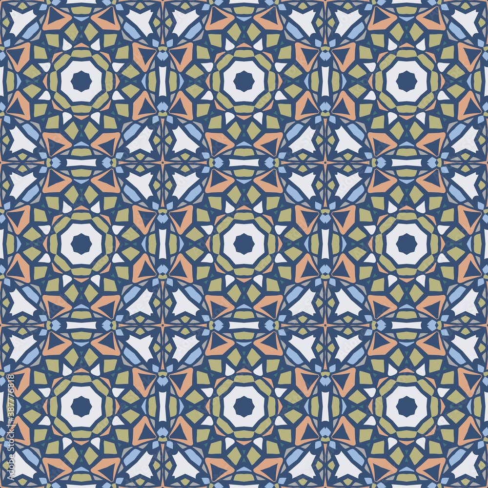 Bright creative color abstract geometric mandala pattern in blue white orange, vector seamless, can be used for printing onto fabric, interior, design, textile, carpet, pillow, tiles.