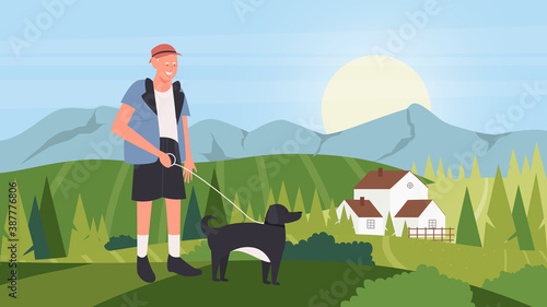 Walk with dog vector illustration. Cartoon happy owner man walking with domestic animal companion, pet dog friend, playing and training black own puppy in green summer countryside landscape background