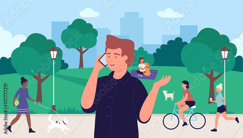 Man talking on phone in summer park vector illustration. Cartoon young male student character using smartphone for talk communication with friends or family, standing in urban city park background