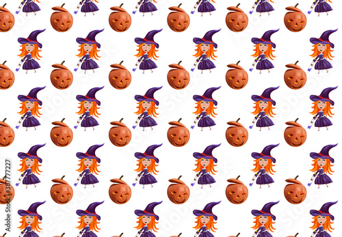 Halloween holiday, seamless pattern with little witch with a hat, pumpkins. Realistic characters Halloween. Vector illustration. © YustynaOlha