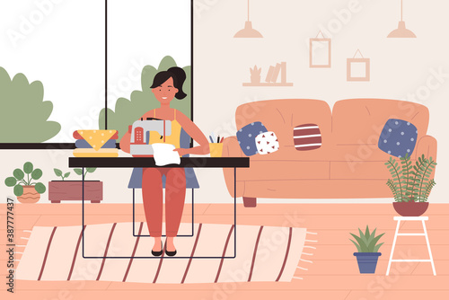 Woman tailor works at home vector illustration. Cartoon needlewoman working with sewing machine, dressmaker seamstress sews handicraft clothes at home room interior, craft tailoring hobby background