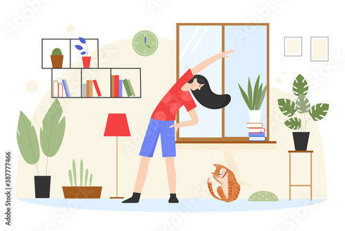 Woman training, doing yoga exercise at home vector illustration. Cartoon young yogist active girl character exercising and stretching for body health, healthy lifestyle activity isolated on white