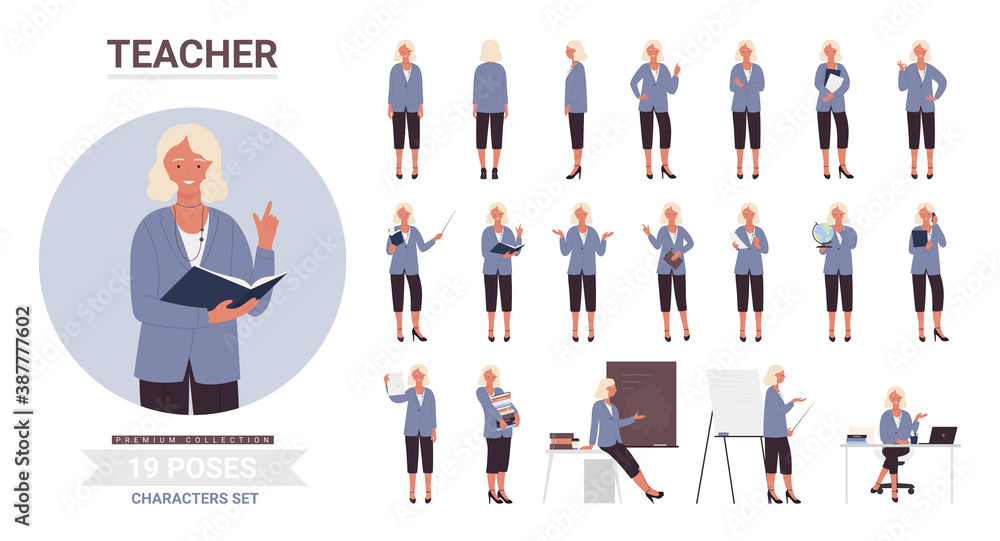 Teacher woman poses vector illustration set. Cartoon smiling female school teacher character posing in work with pupils or students, teaching postures at lecture lesson collection isolated on white - obrazy, fototapety, plakaty 