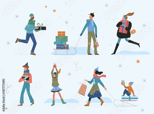 Happy people with Christmas gifts vector illustration. Cartoon woman man and kid characters walking, holding presents from shop or store winter sales for celebrating merry Christmas, trendy background
