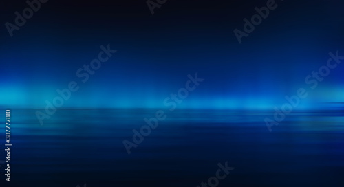 Modern minimalistic, futuristic studio background. Dark background with lines and spotlights, neon light, night view. Abstract blue background. Empty stage. © MiaStendal