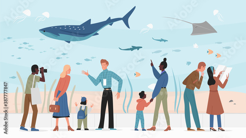 People in oceanarium vector illustration. Cartoon woman man parents with children visiting zoo oceanarium, family characters watching on swimming in aquarium underwater ocean or sea animals background