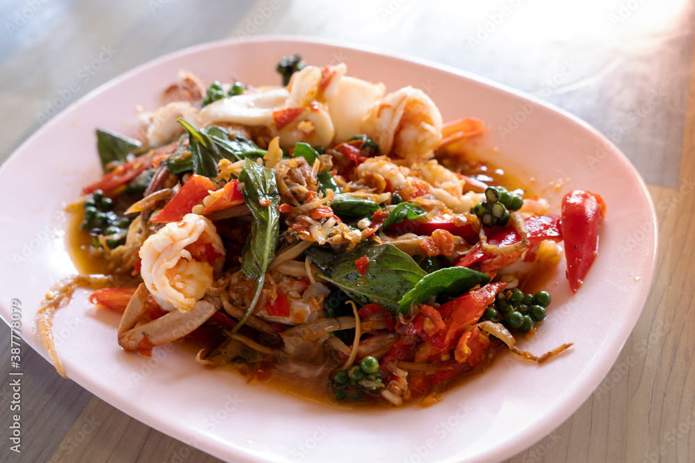 Mixed seafood stir fried with spicy Thai style