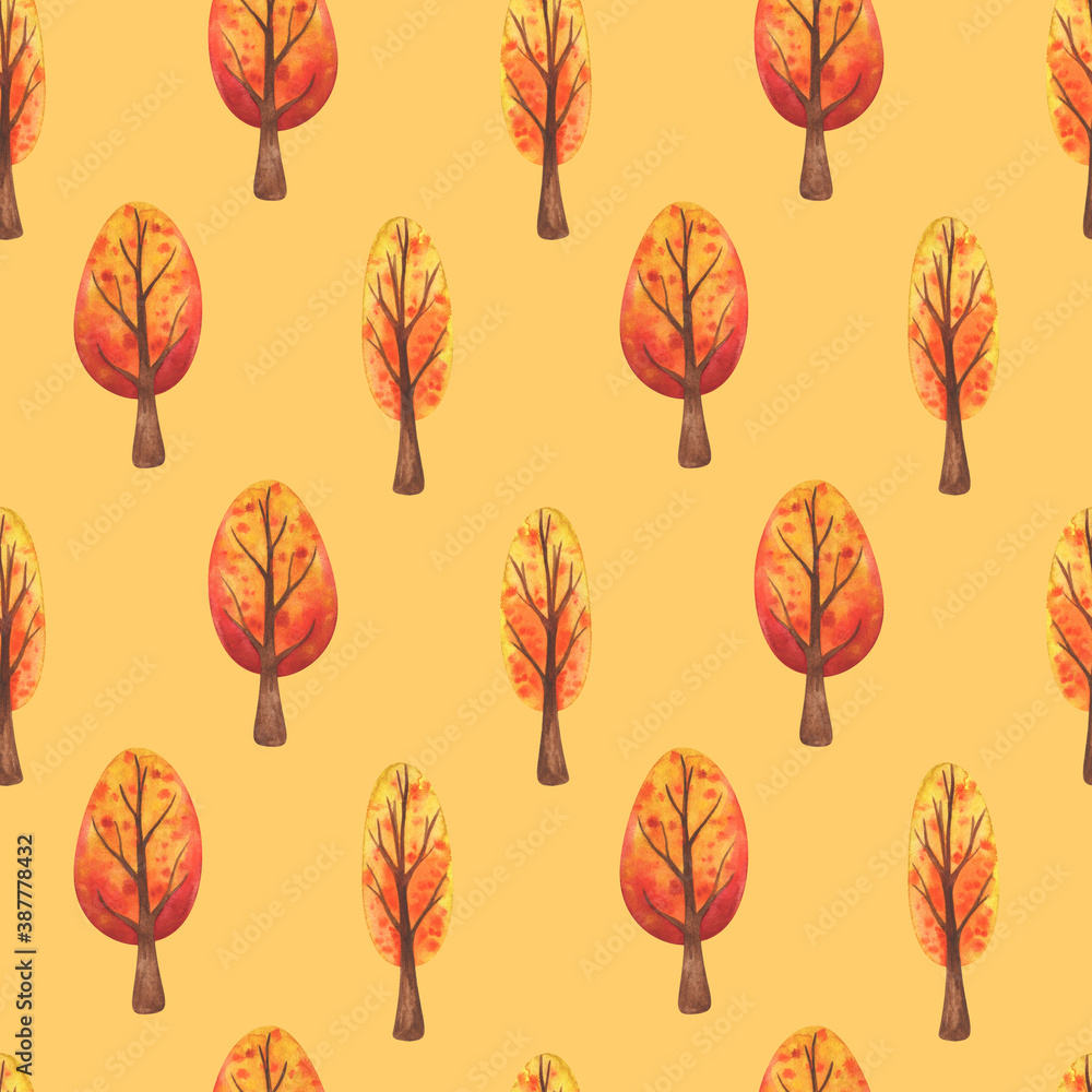 Autumn park. Seamless pattern with  orange falling trees on a yellow background. Decorative print for fabrics, textiles, and paper. Stock image with watercolor children's illustrations.