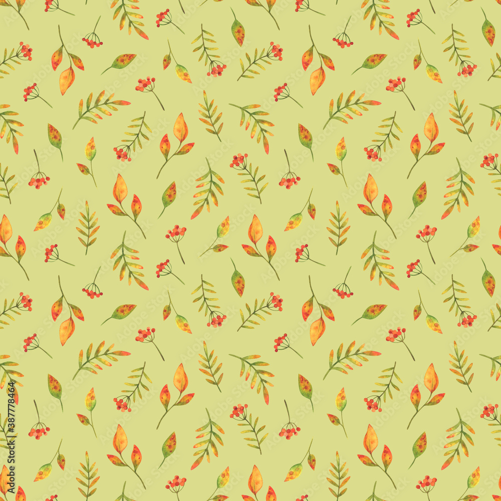 Clusters of autumn red berries and fallen leaves. Seamless pattern with watercolor illustrations on a green background. Small print for fabric, textile, and other designs. Stock ornament with plants
