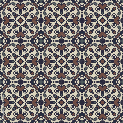 Bright creative color abstract geometric pattern in beige brown blue, vector seamless, can be used for printing onto fabric, interior, design, textile, carpet, pillow, tiles.