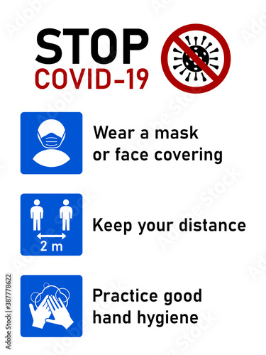 Stop Covid-19 Coronavirus Rules Set including Wear a Mask or Face Covering  Keep Your Distance 2 m or 2 Metres and Practice Good Hand Hygiene. Vector Image.