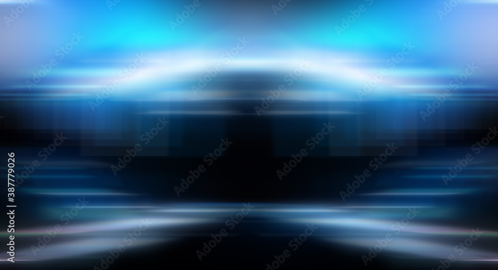 Modern minimalistic, futuristic studio background. Dark background with lines and spotlights, neon light, night view. Abstract blue background. Empty stage. Modern minimalistic, futuristic studio background. Dark background with lines and spotlights, neon light, night view. Abstract blue background. Empty stage.