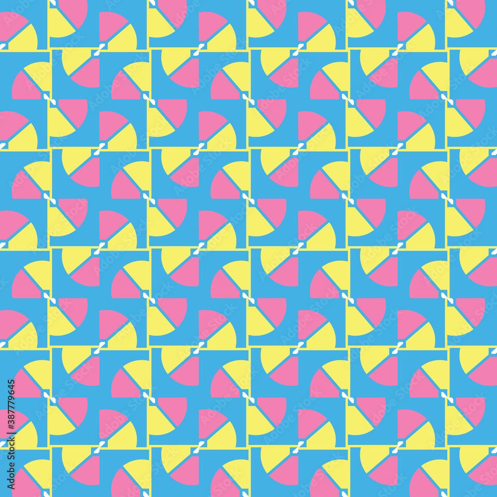 Vector seamless pattern texture background with geometric shapes, colored in blue, pink, yellow, white colors. Vector seamless pattern texture background with geometric shapes, colored in blue, pink, yellow, white colors.