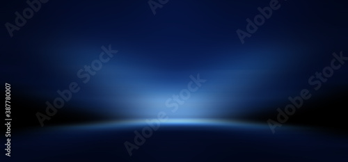 Modern minimalistic, futuristic studio background. Dark background with lines and spotlights, neon light, night view. Abstract blue background. Empty stage.