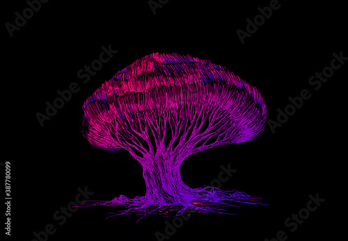 Bright surreal psychedelic tree, colorful pink purple color gradient, isolated on black background.
