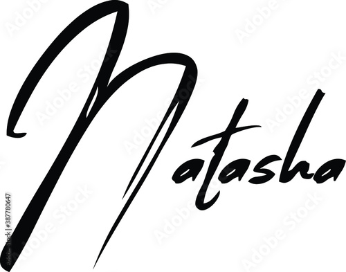 Natasha-Female Name Modern Cursive Brush Calligraphy on White Background photo
