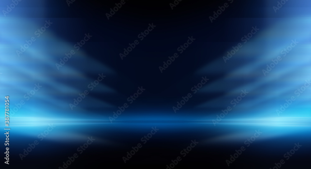 Modern minimalistic, futuristic studio background. Dark background with lines and spotlights, neon light, night view. Abstract blue background. Empty stage. - obrazy, fototapety, plakaty 