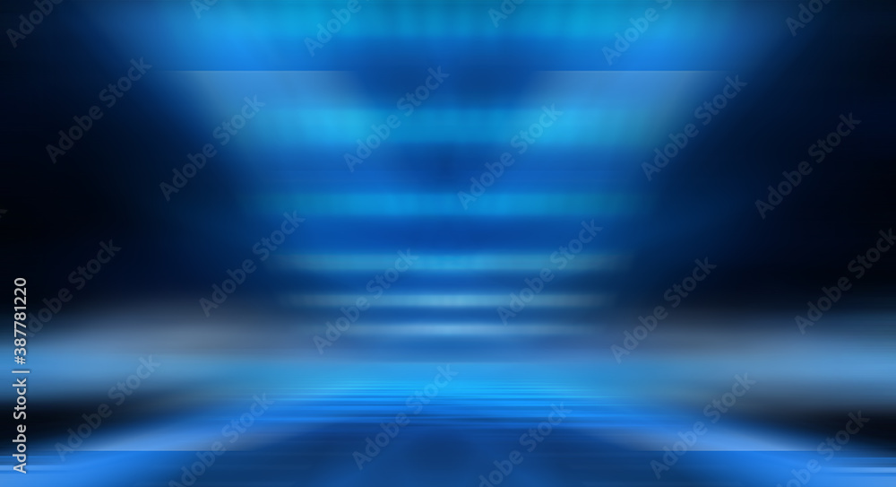 Obraz premium Modern minimalistic, futuristic studio background. Dark background with lines and spotlights, neon light, night view. Abstract blue background. Empty stage.