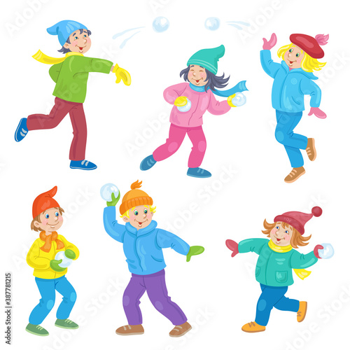 Winter fun.  Group of happy boys and girls playing snowball. In cartoon style. Isolated on white background. Vector flat illustration.