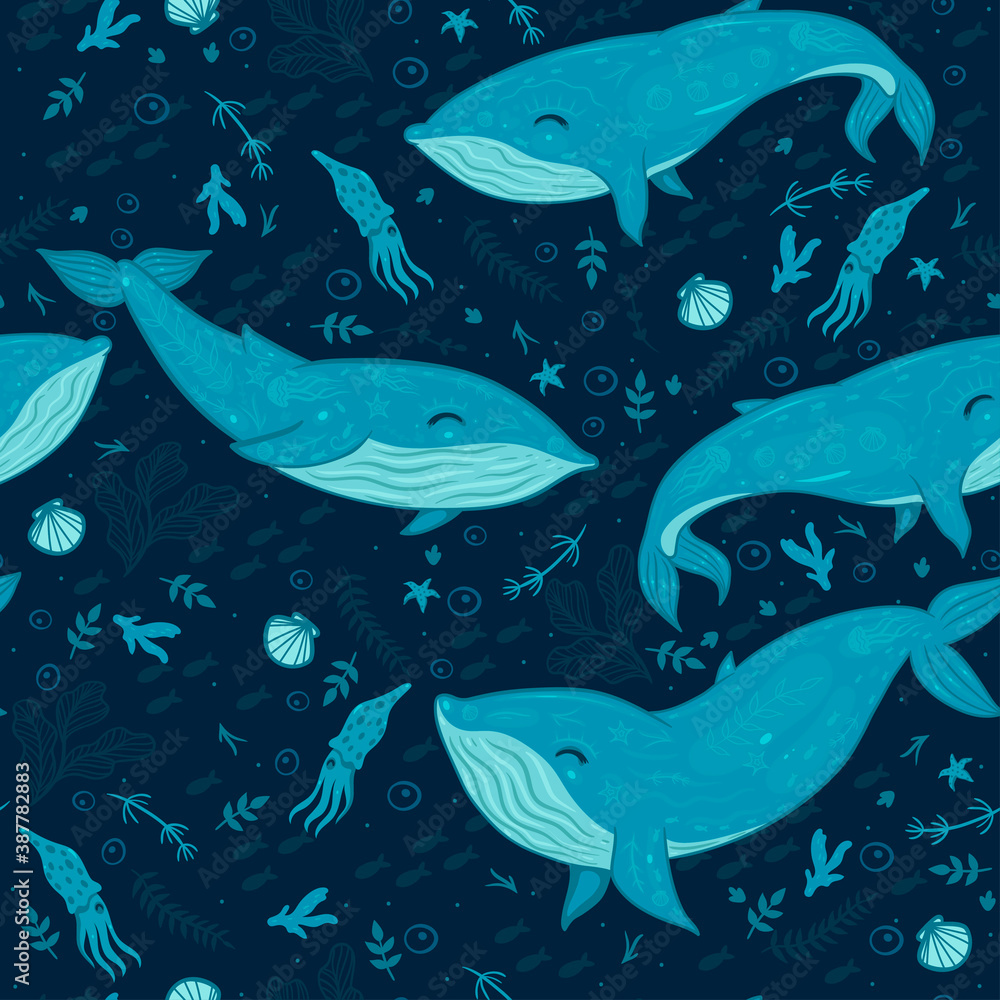 Obraz premium Marine seamless pattern with whales. Vector graphics.