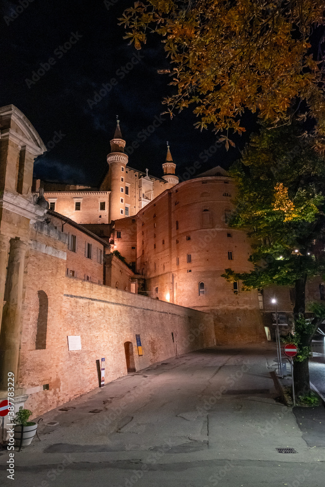 Panoramic view in the evening light, of the city of Urbino, and of the Renaissance Ducal Palace.