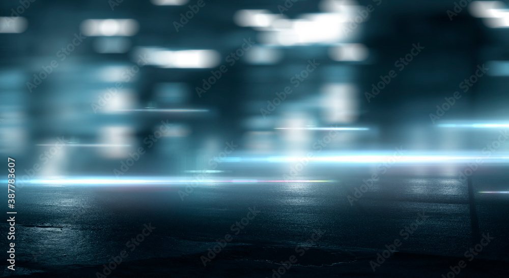 Light effect, blurred background. Wet asphalt, night view of the city, neon reflections on the concrete floor. Night empty stage, studio. Dark abstract background, dark empty street. Night city.