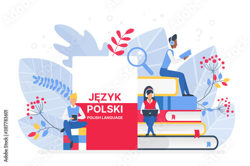 People learning Polish language vector illustration. Poland Distance education, online learning courses concept. Students reading books cartoon characters. Teaching foreign languages photo