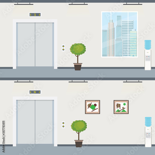 Empty hallway with elevator, plants and window. Corridor without people. Office hall interior with furniture. Ground and first floor.