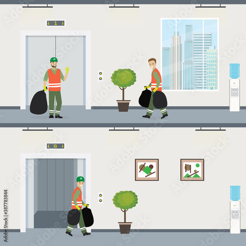 Cartoon cleaners take out trash. Workers holds bags with garbage. Male characters in uniform in corridor. Office building cleaning.